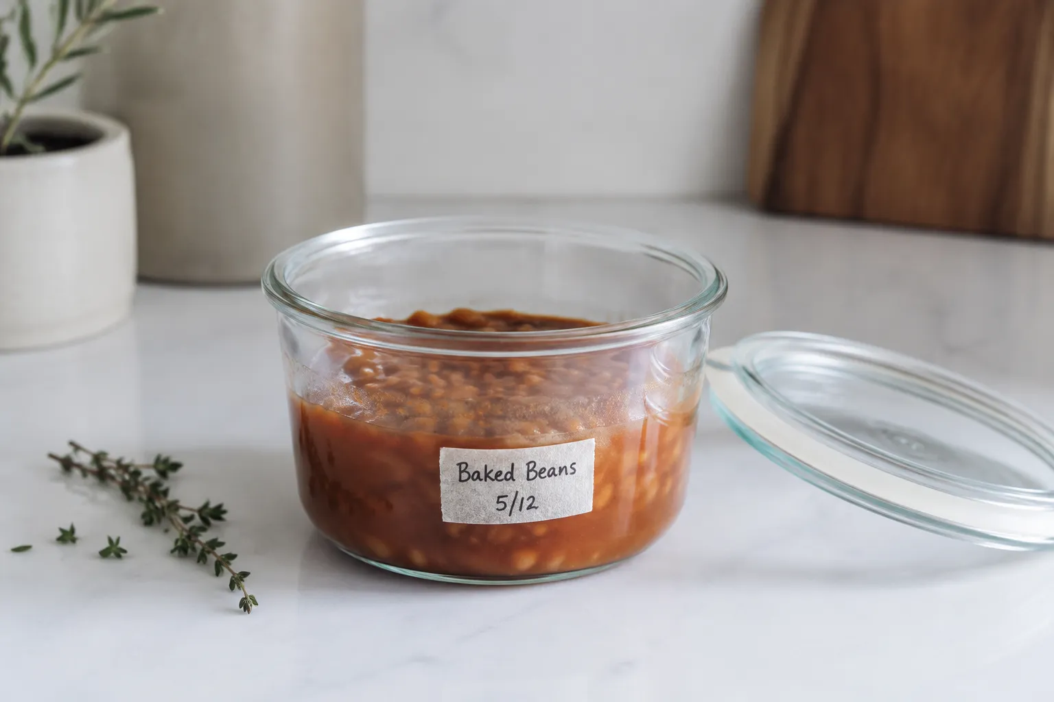 Storing leftover baked beans in a glass container for meal prep