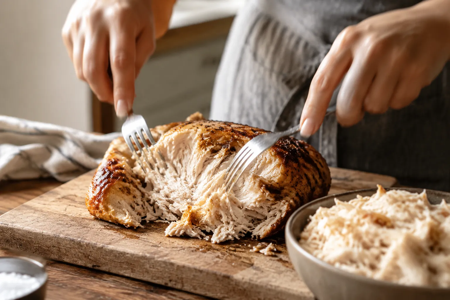 Shredding rotisserie chicken for poppy seed chicken casserole.