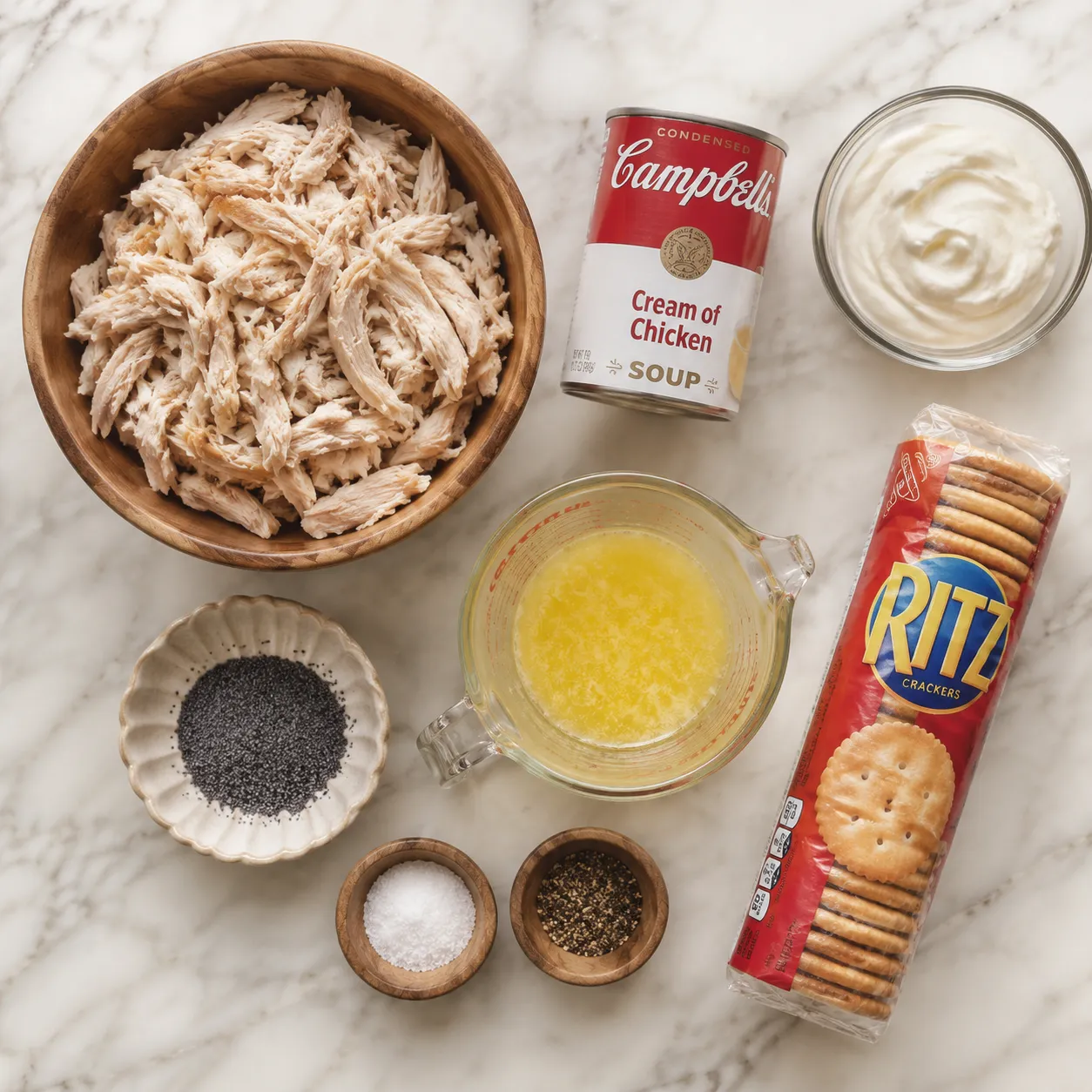 Poppy seed chicken ingredients flatlay including Ritz crackers, sour cream, and shredded chicken.