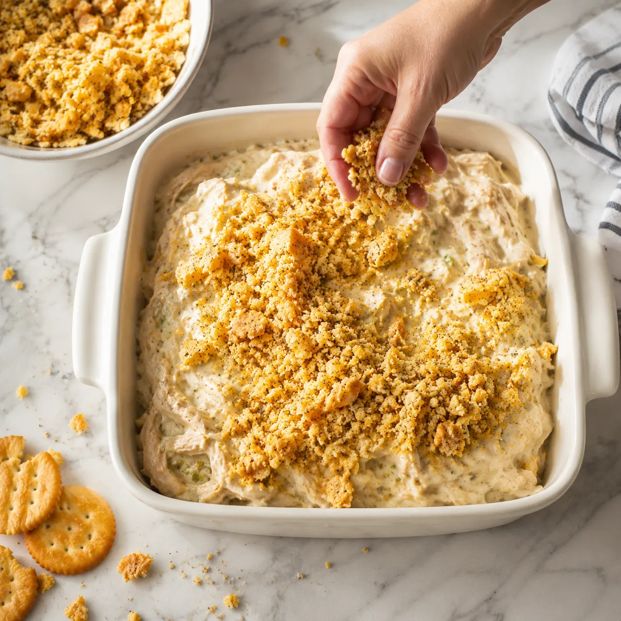 Sprinkling buttery Ritz cracker topping over poppy seed chicken casserole.