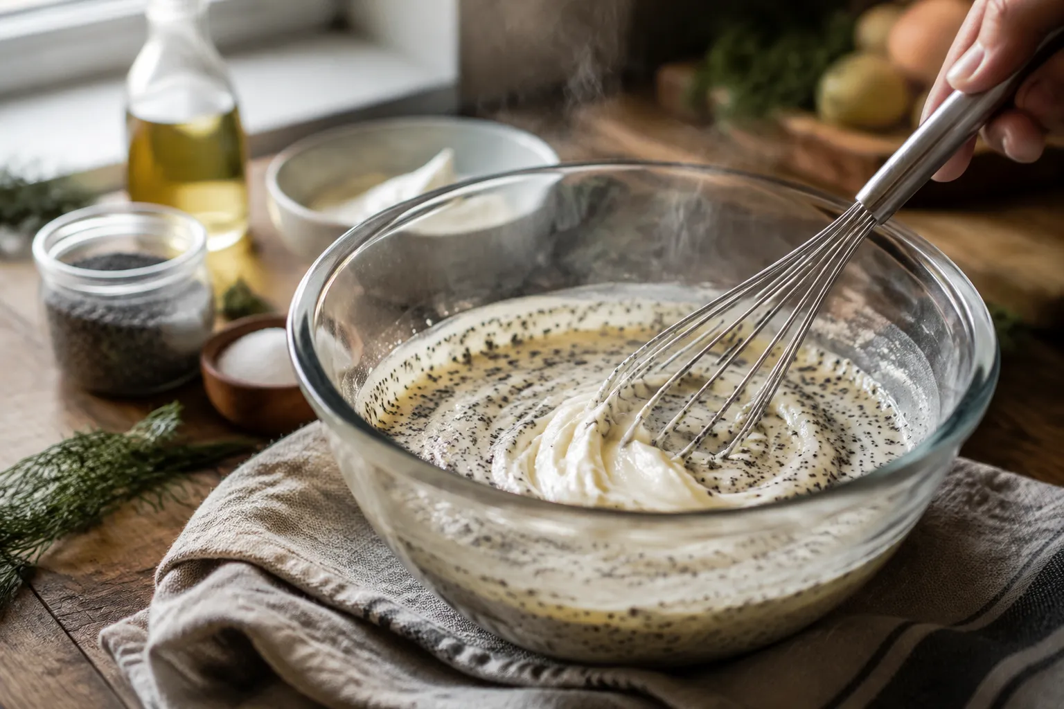 Mixing creamy poppy seed sauce with sour cream and cream of chicken soup.