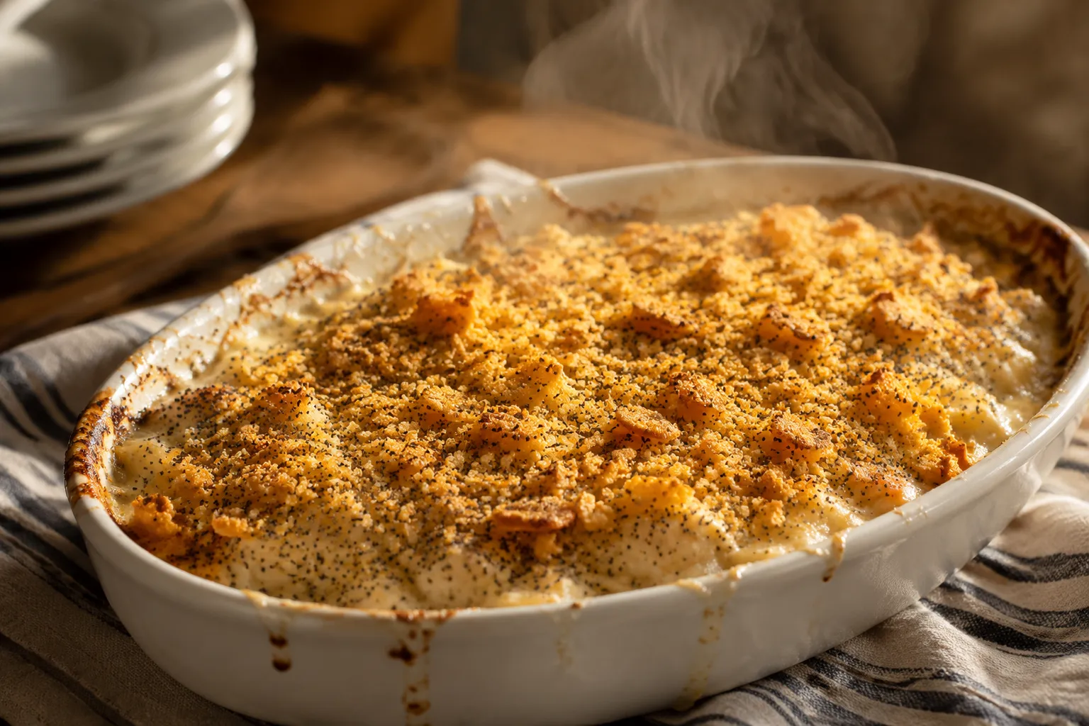 Baked poppy seed chicken casserole with golden bubbling cracker topping.