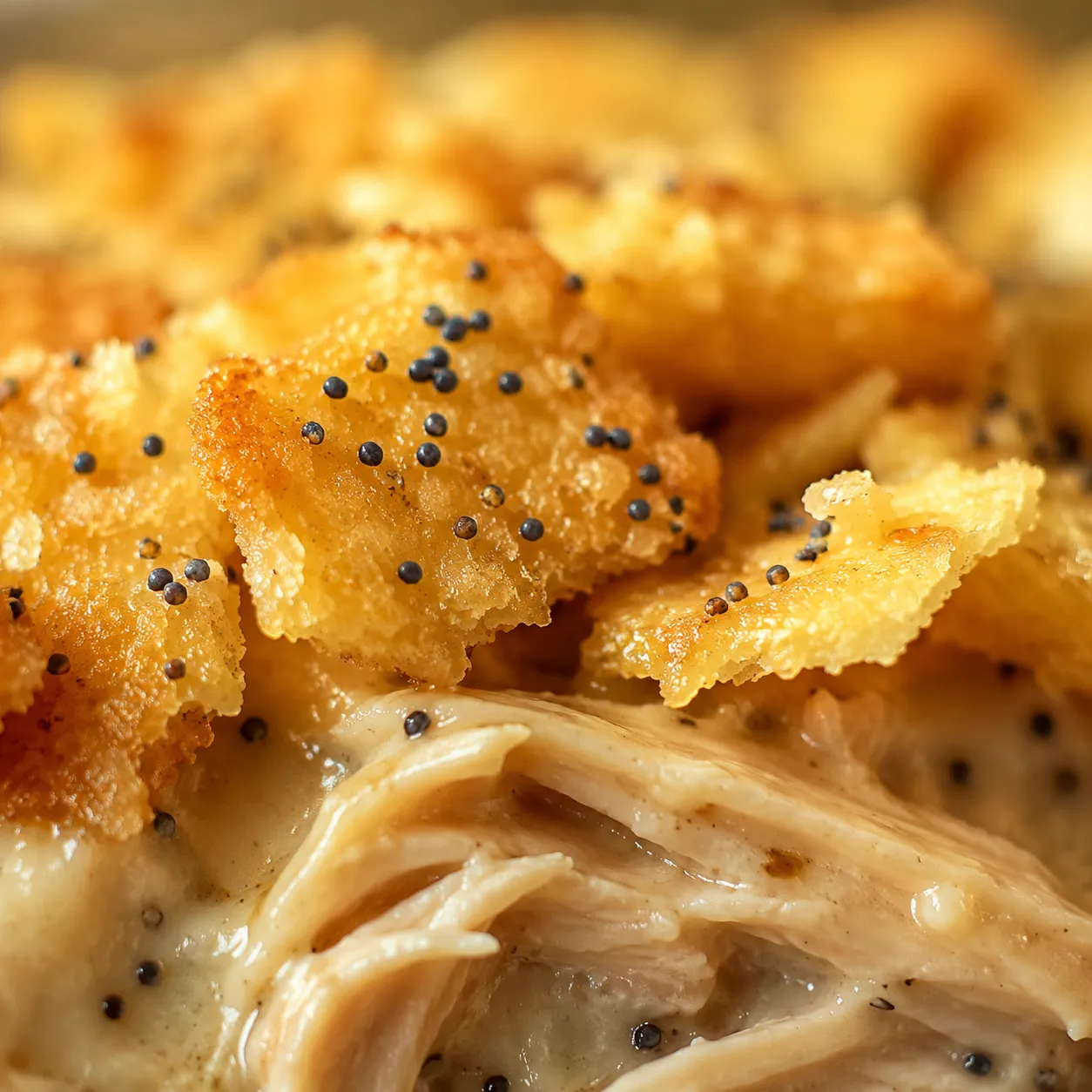 Close-up of crispy poppy seed Ritz cracker topping on creamy chicken casserole.