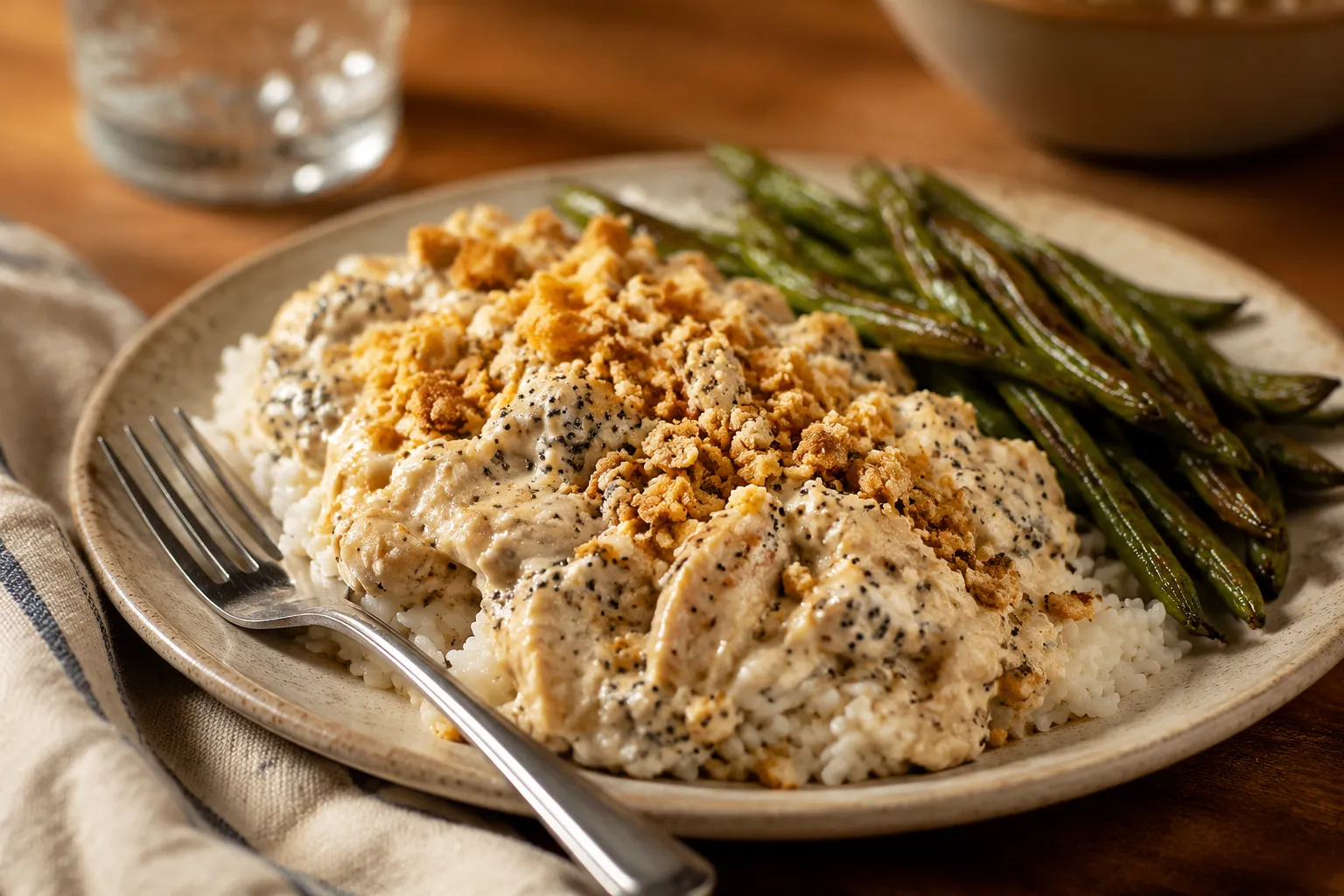 Poppy seed chicken served over rice with green beans on a stoneware plate.