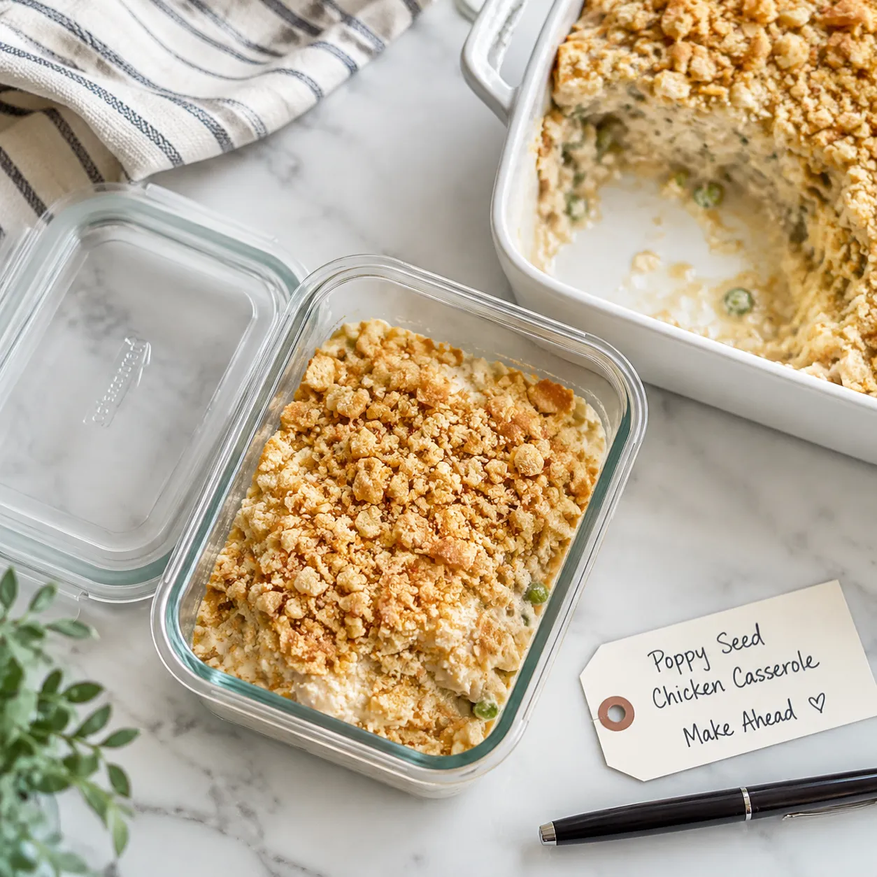 Storing leftover poppy seed chicken casserole in a glass meal-prep container.