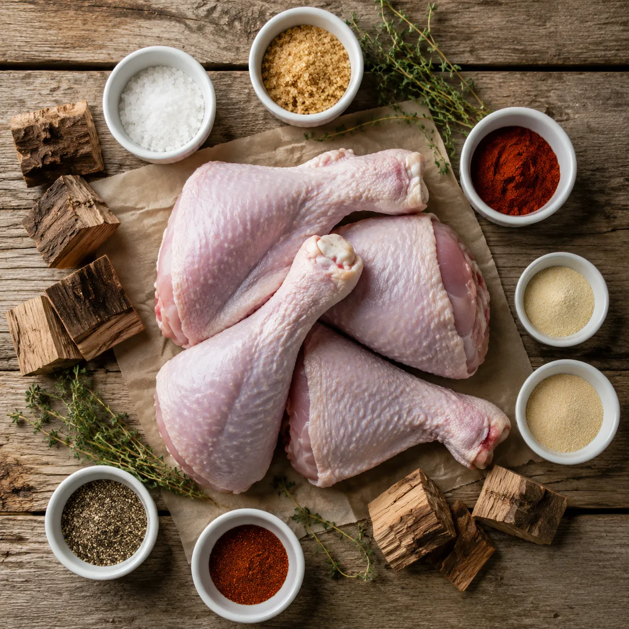 Ingredients flatlay for smoked turkey legs including brine and BBQ dry rub