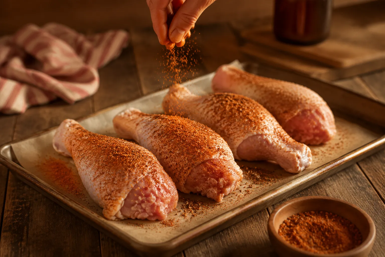 Seasoning turkey legs with BBQ dry rub before smoking