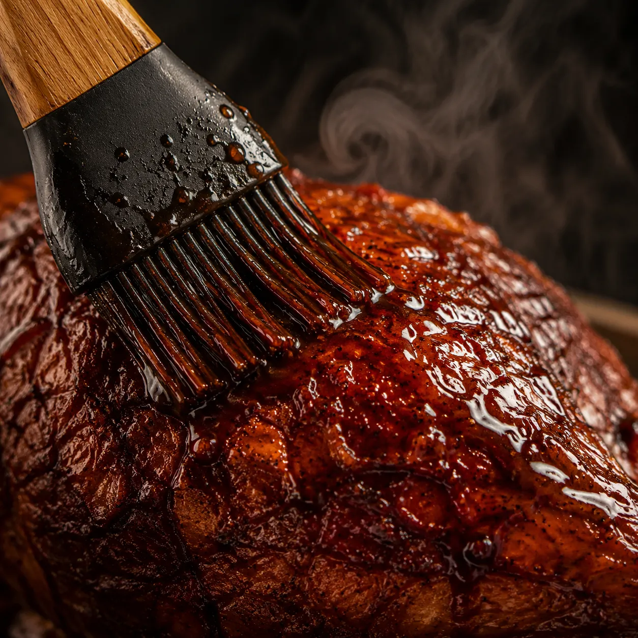 Basting smoked turkey leg with BBQ sauce for glossy mahogany skin