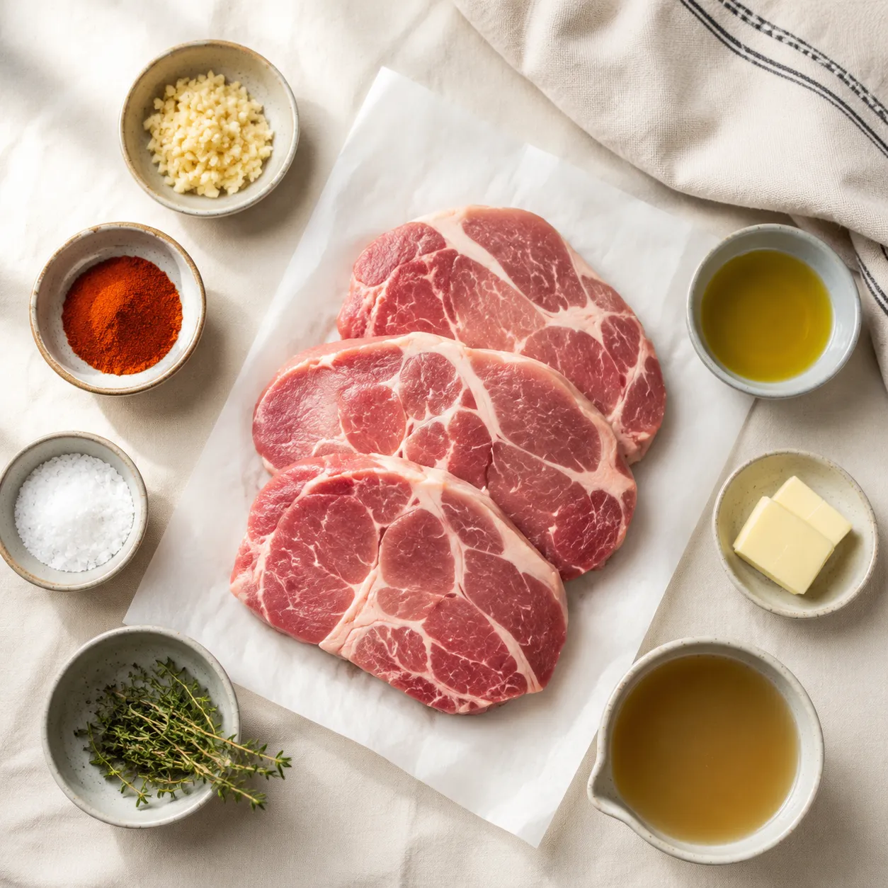 Ingredients flatlay for easy pork steak recipes including pork shoulder, garlic, and thyme