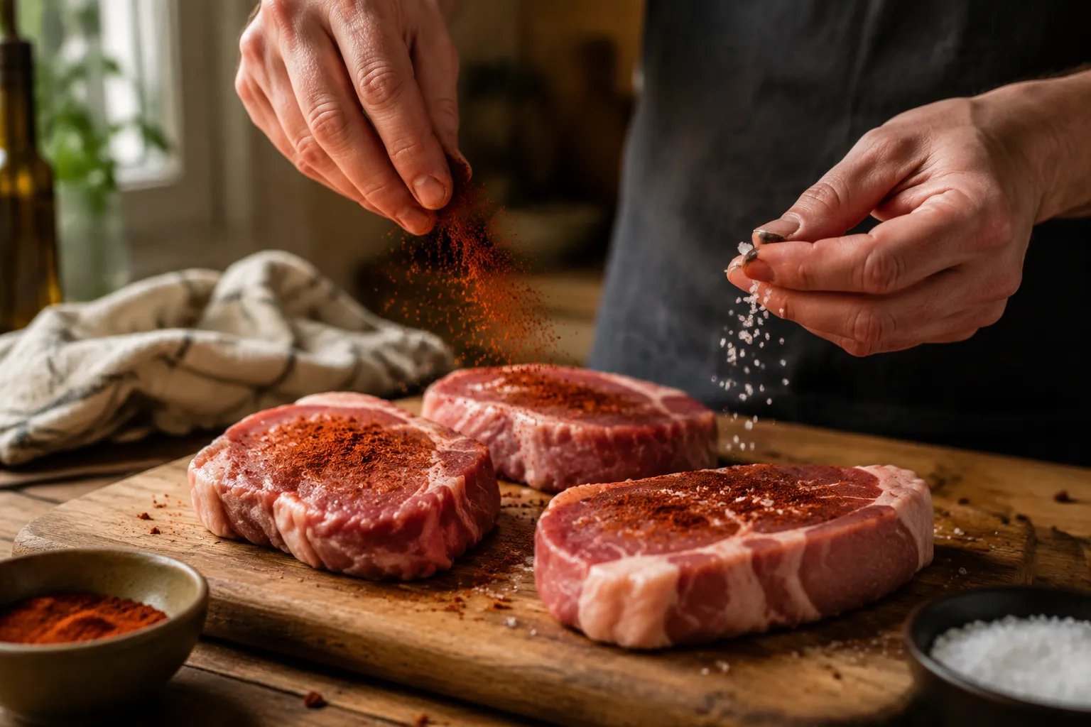 Seasoning pork steaks with paprika and salt before searing