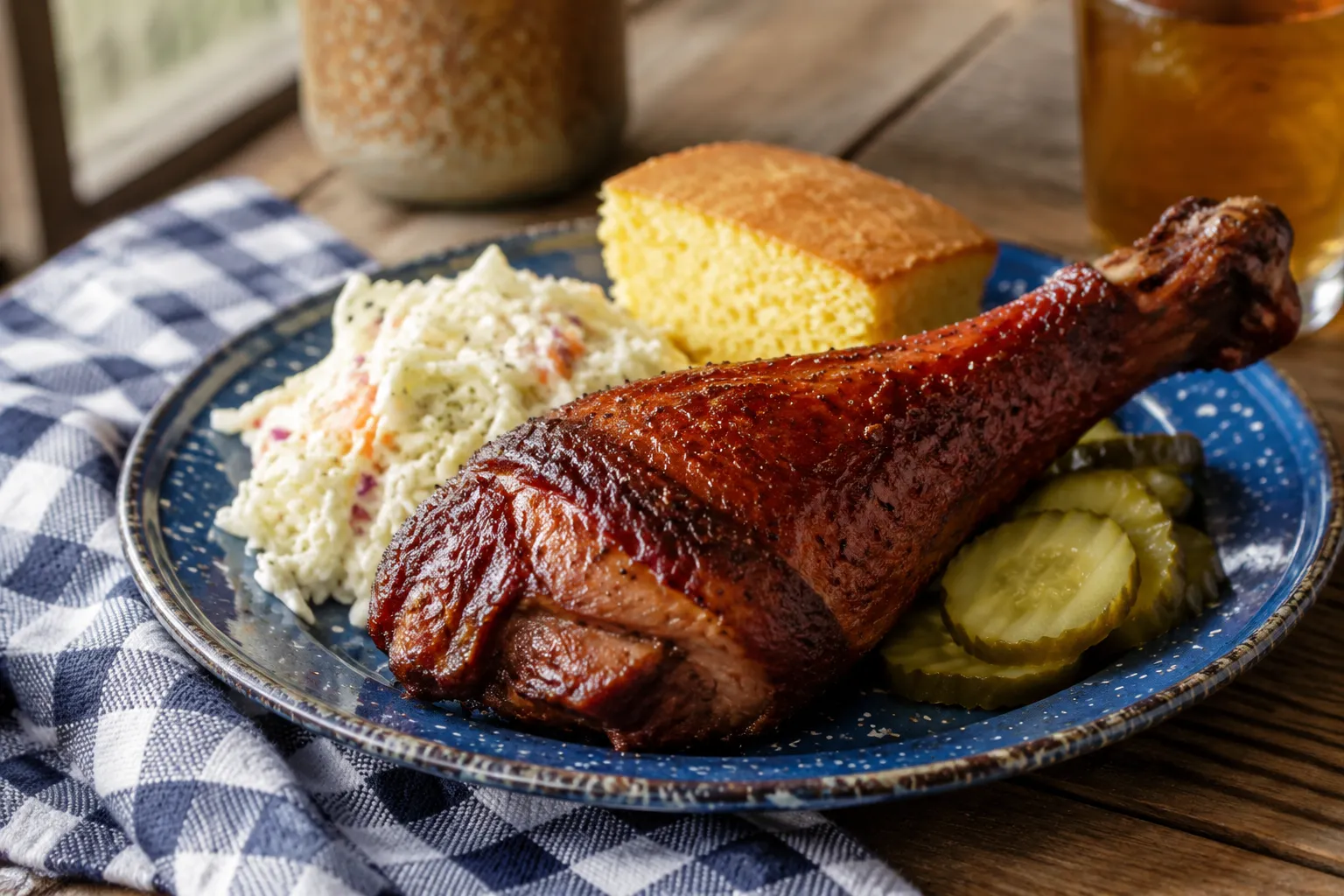 Smoked turkey leg served with coleslaw and cornbread on a plate