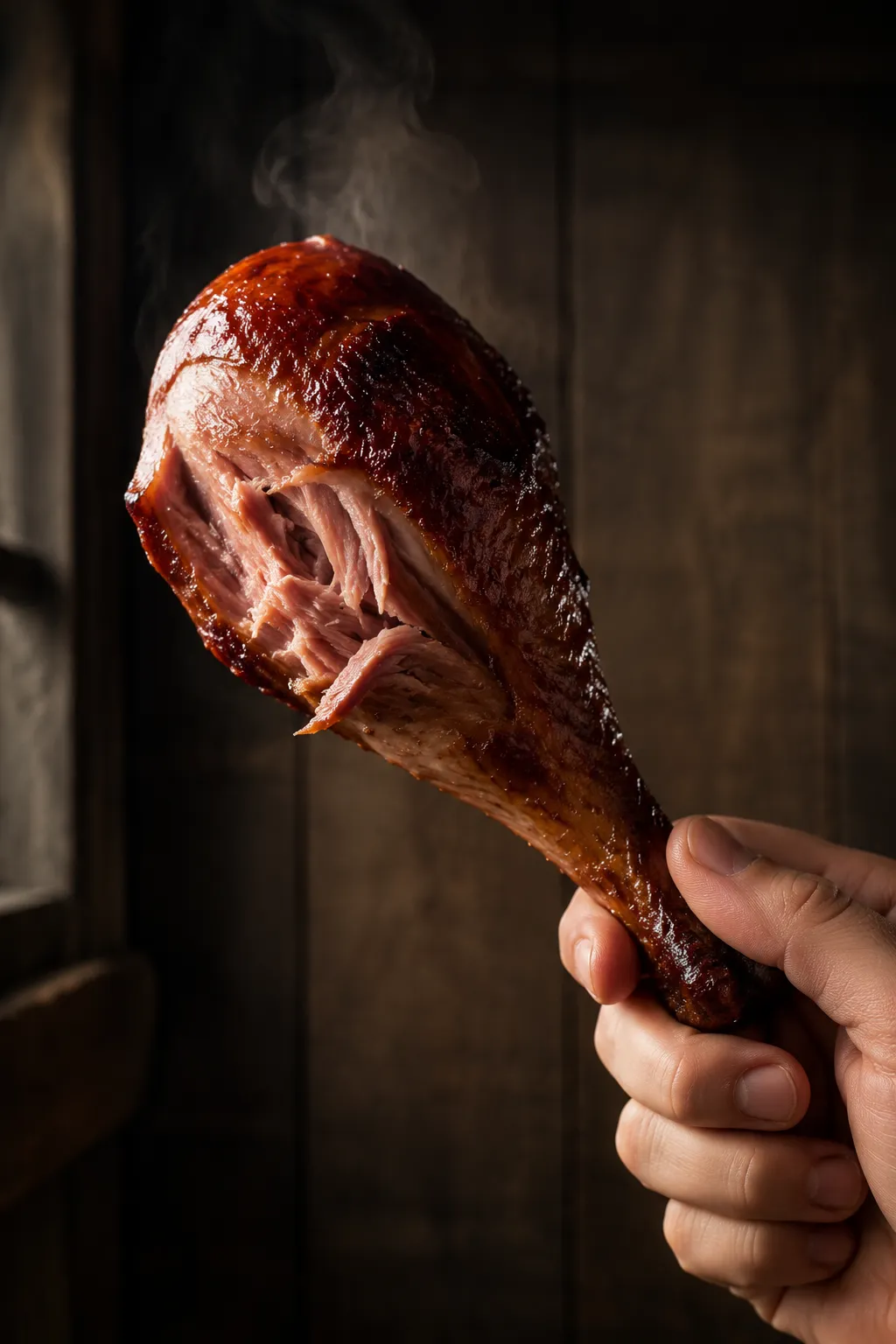 Pulling apart fall-off-the-bone smoked turkey leg by hand