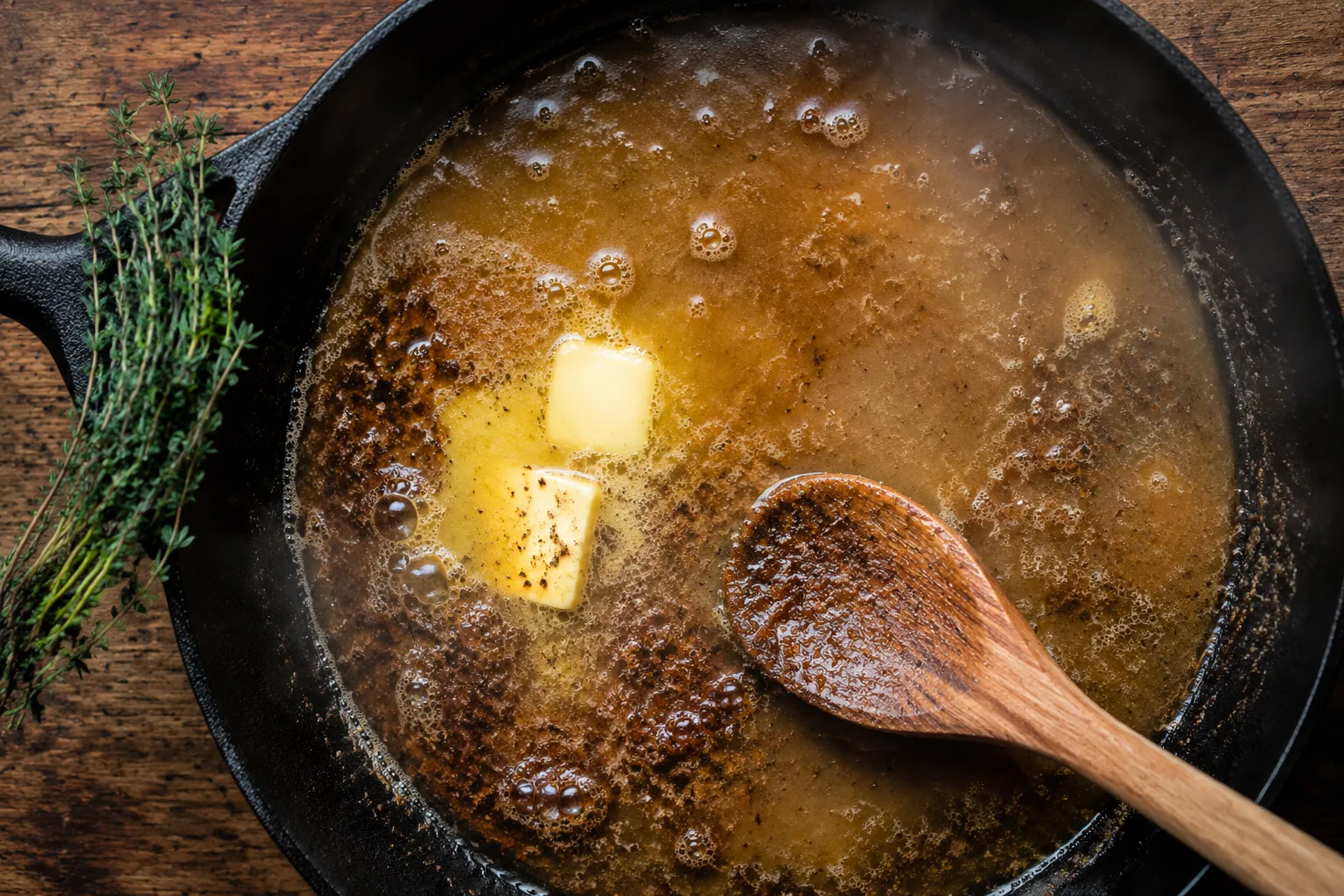 Making a quick pan sauce for pork steak recipes with butter and broth