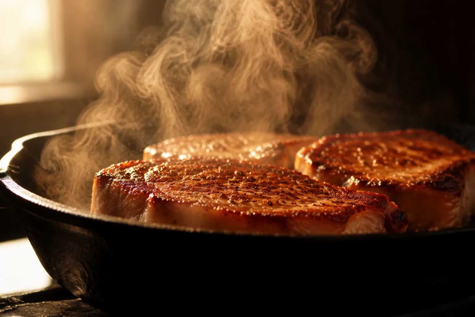 Searing pork shoulder steaks in a cast iron skillet for the perfect crust
