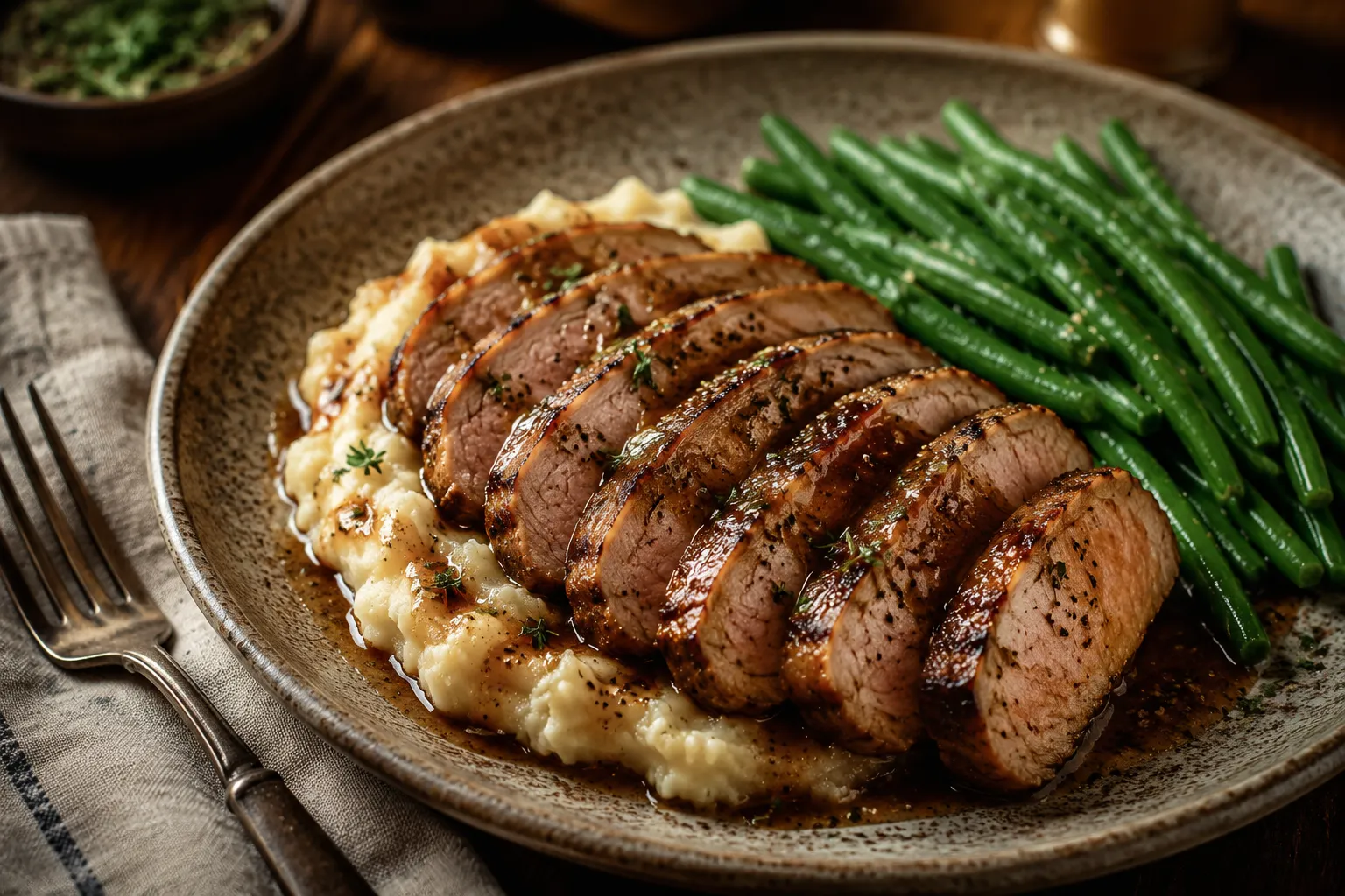 Plated pork steak recipe with mashed potatoes and pan sauce