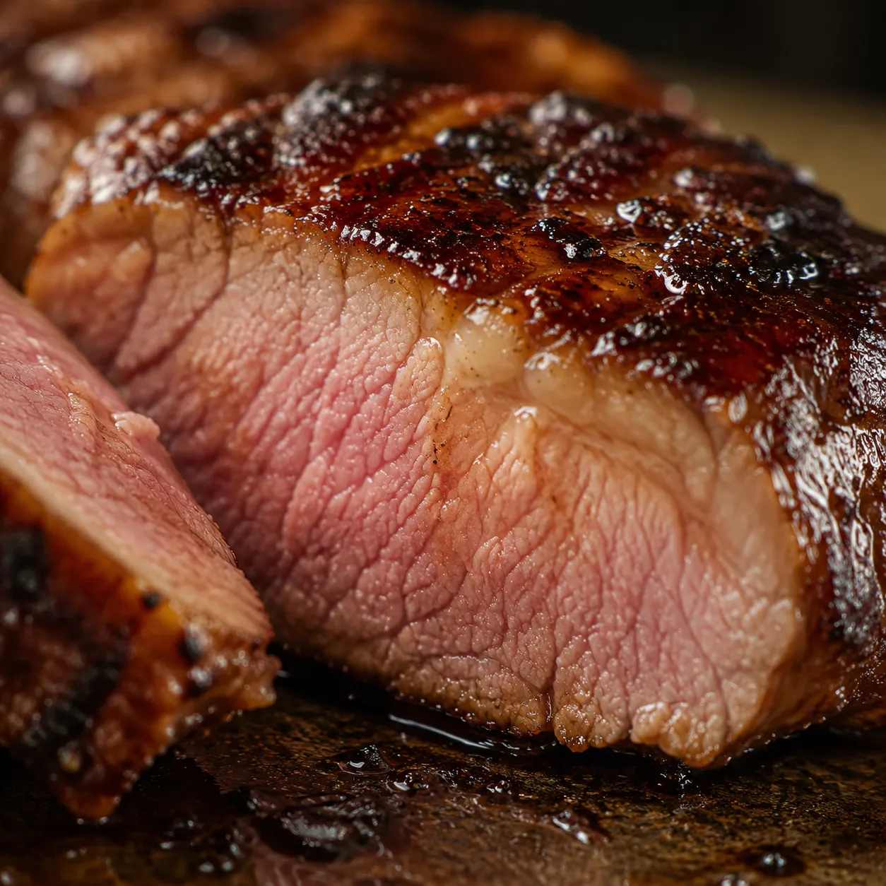 Close-up of sliced juicy pork steak showing tender interior