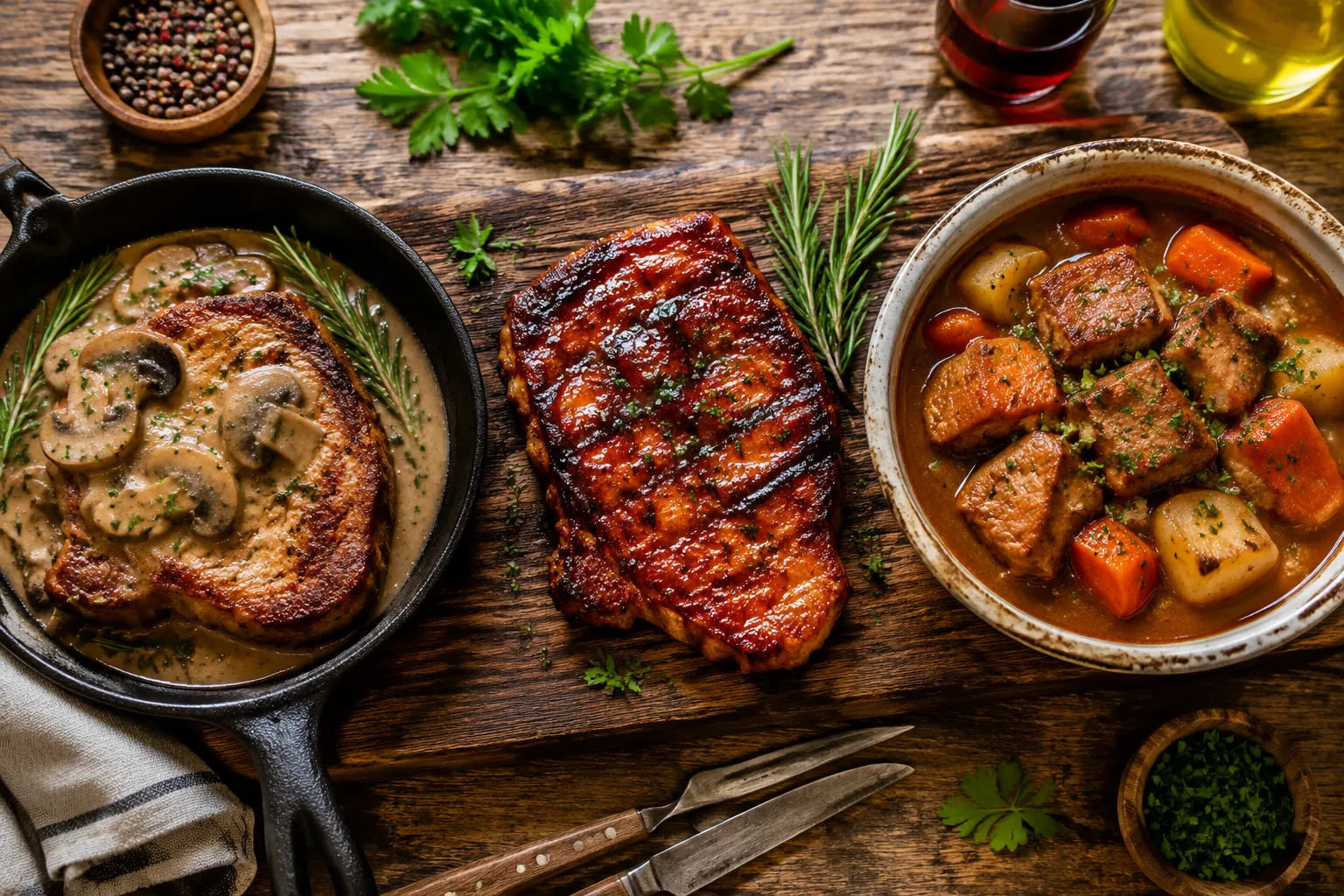 Three pork steak recipe variations: skillet, grilled BBQ, and slow cooker stew