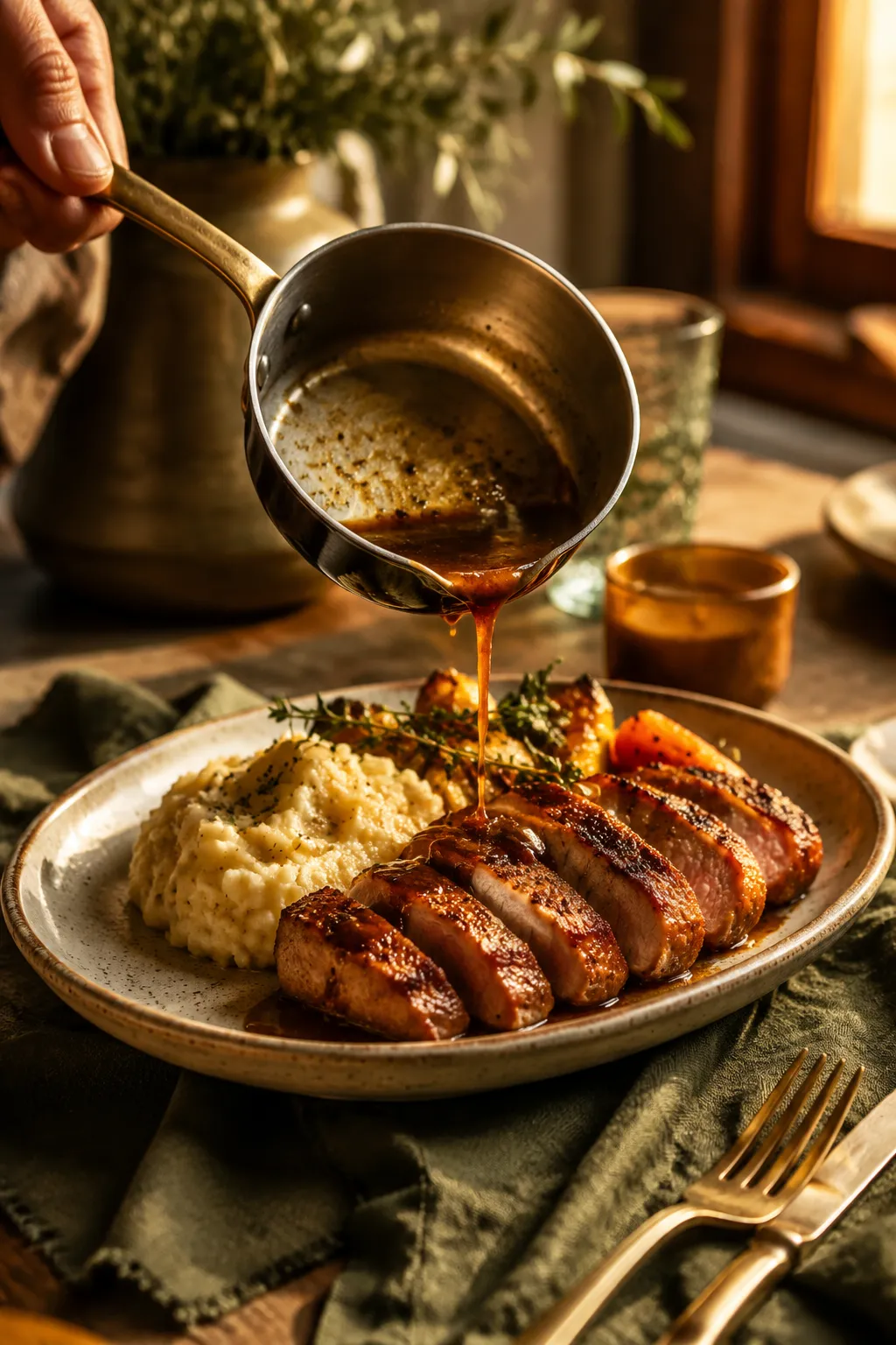 Spooning pan sauce over juicy sliced pork steak for serving