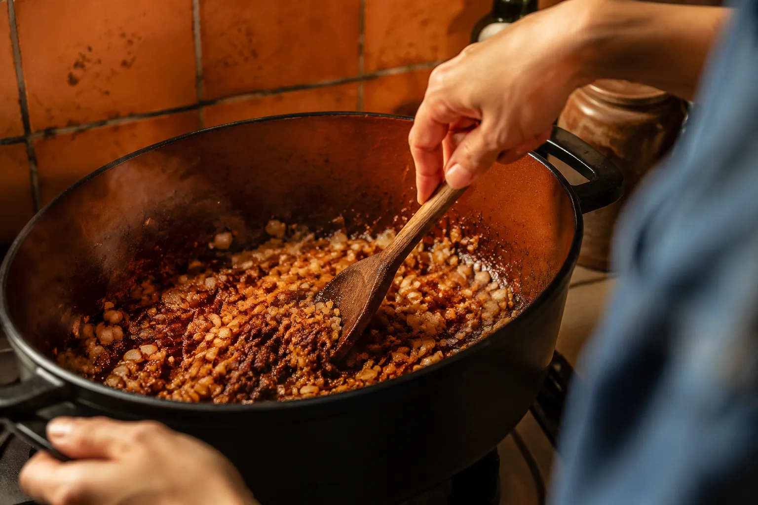 Blooming tomato paste and onions in a pot for jollof rice
