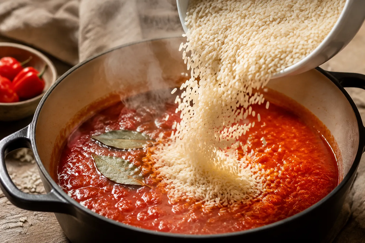 Adding parboiled rice to red pepper sauce for jollof rice recipe