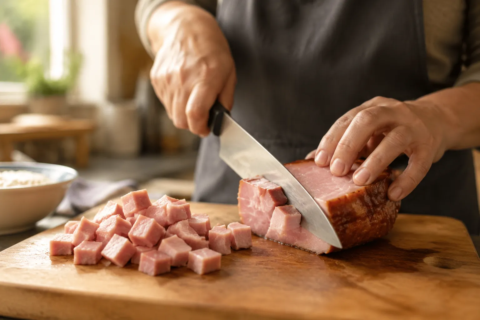 Hands dicing leftover ham on a wooden cutting board for recipes