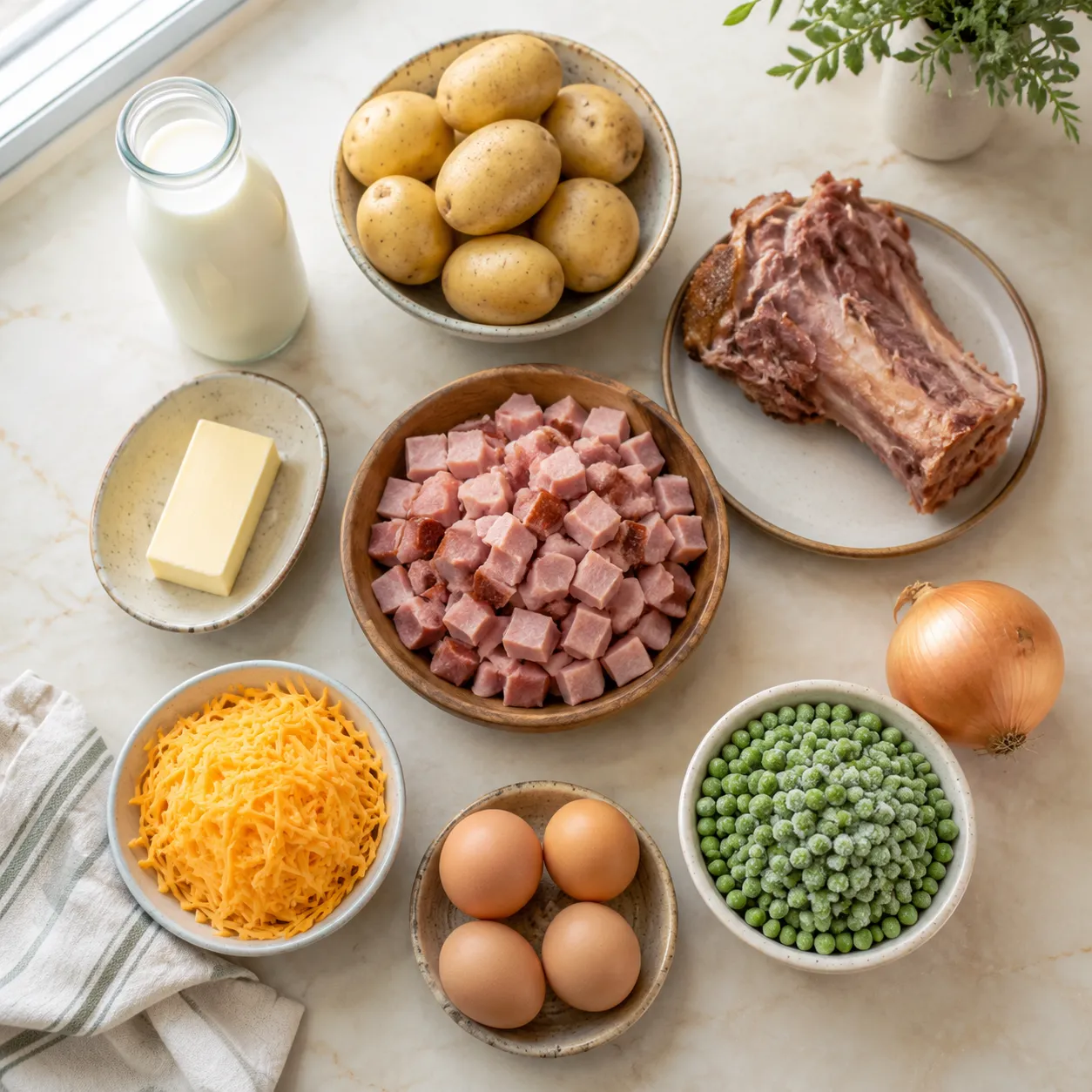 Ingredients for leftover ham recipes laid out overhead on marble