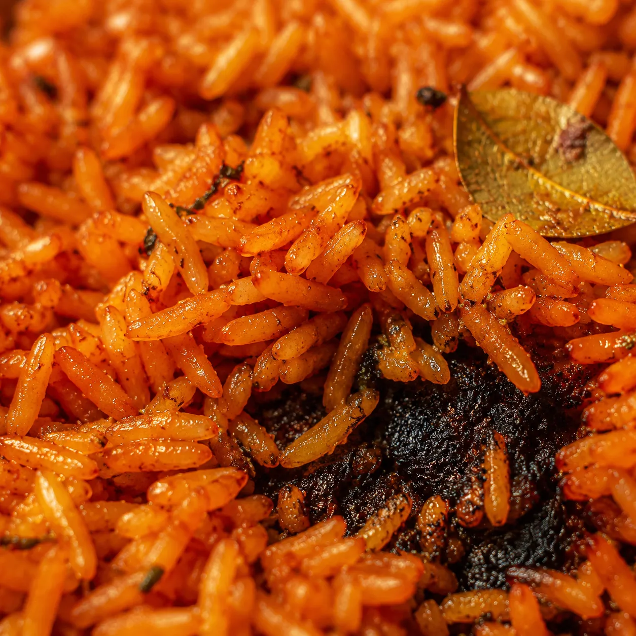 Close-up of fluffy red jollof rice grains with smoky bottom crust