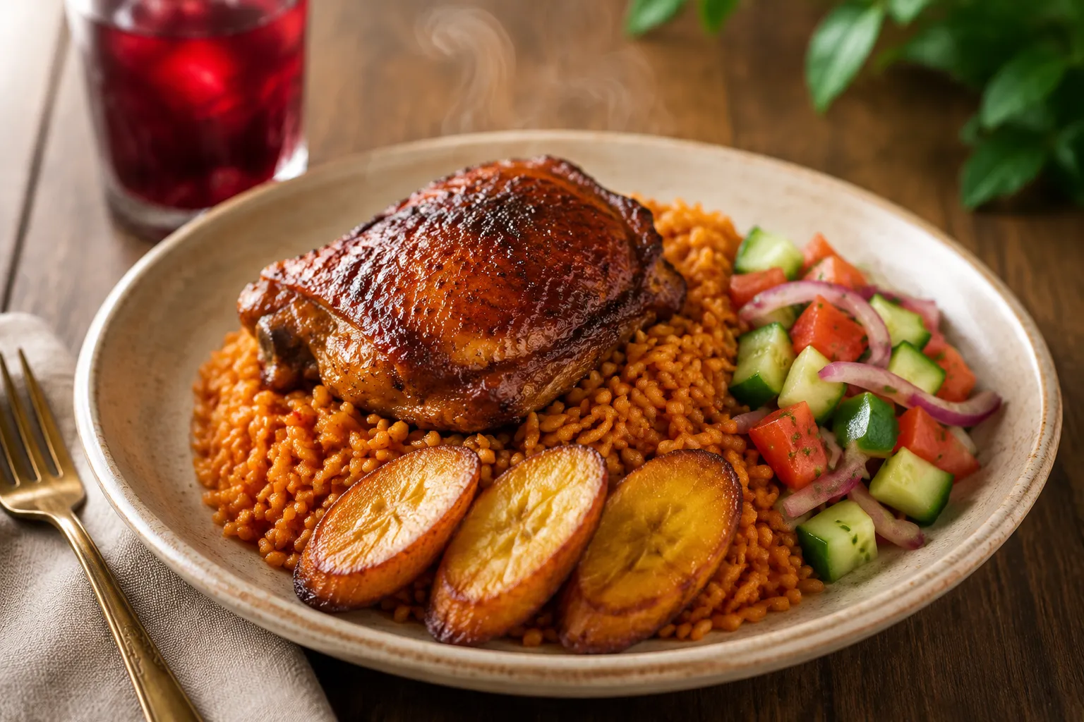 Plated jollof rice and chicken with fried plantains and salad