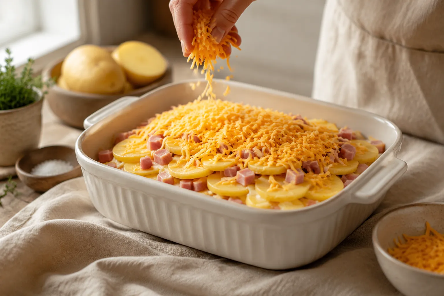 Layering leftover ham and potatoes into a casserole dish