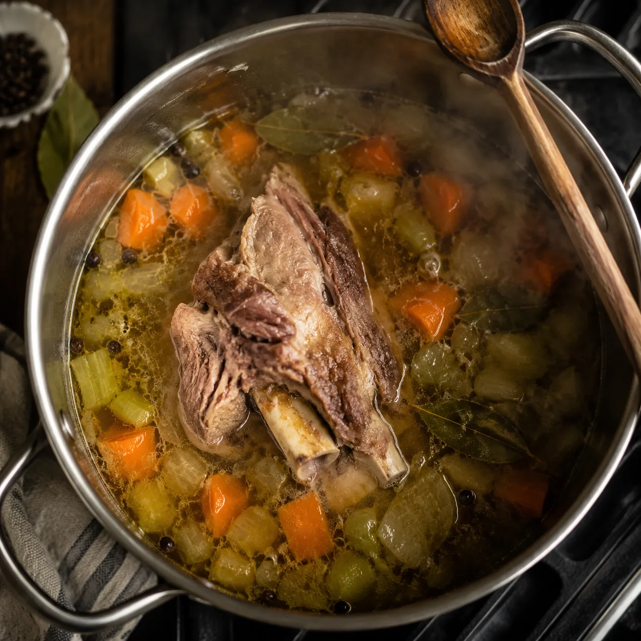 Ham bone simmering in broth for leftover ham soup recipes
