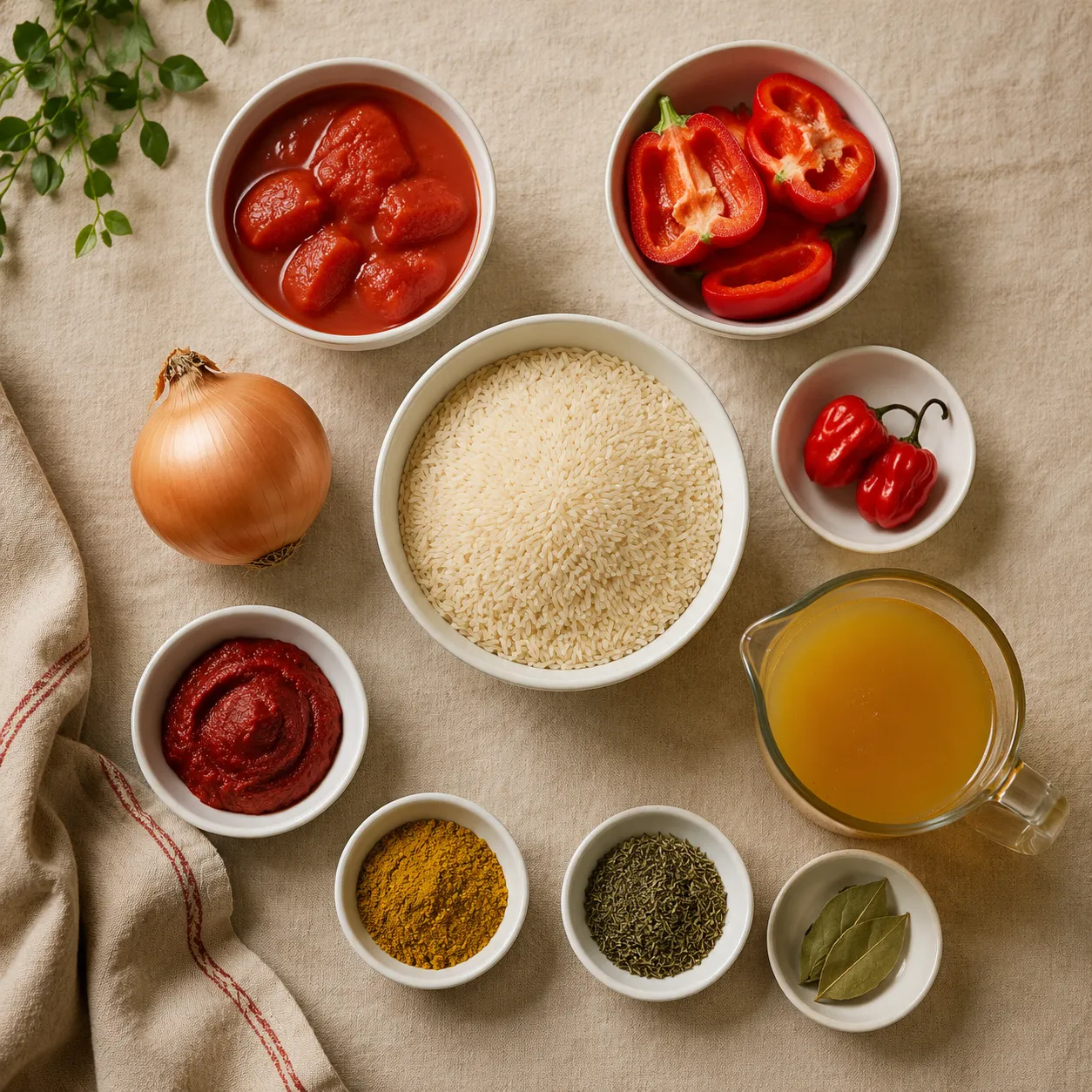 Ingredients for jollof rice recipe arranged on a linen-lined table