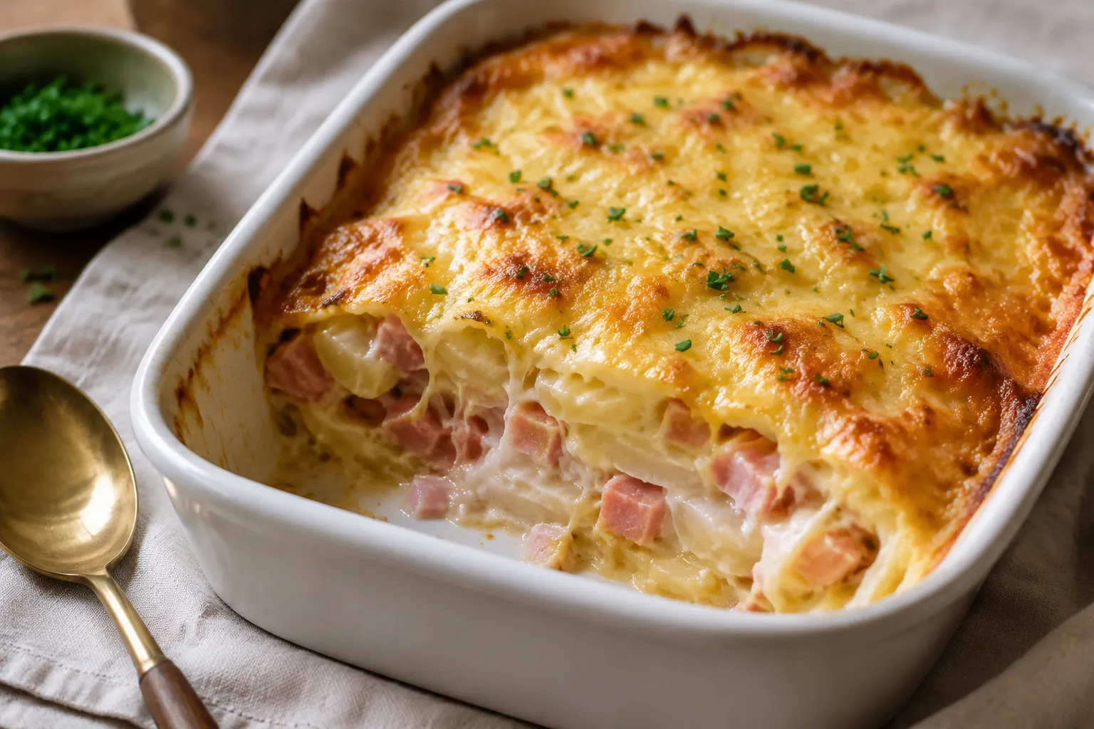Finished leftover ham and potato casserole with creamy cheesy interior