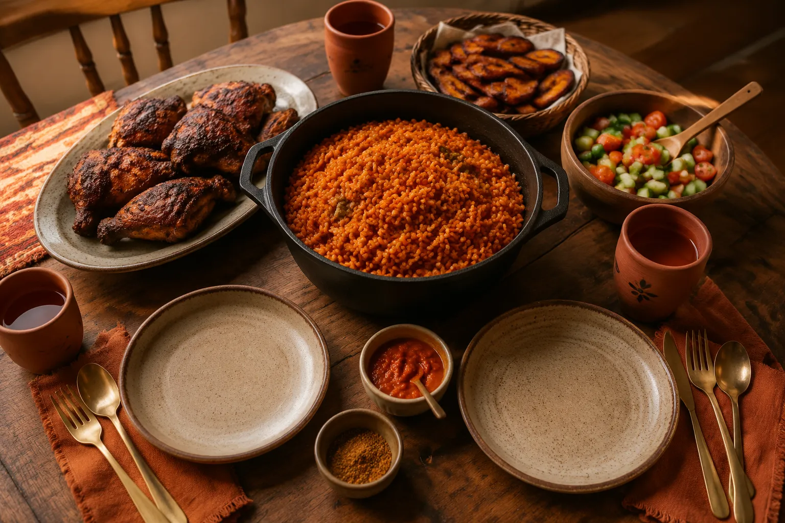 Family-style jollof rice and chicken dinner spread