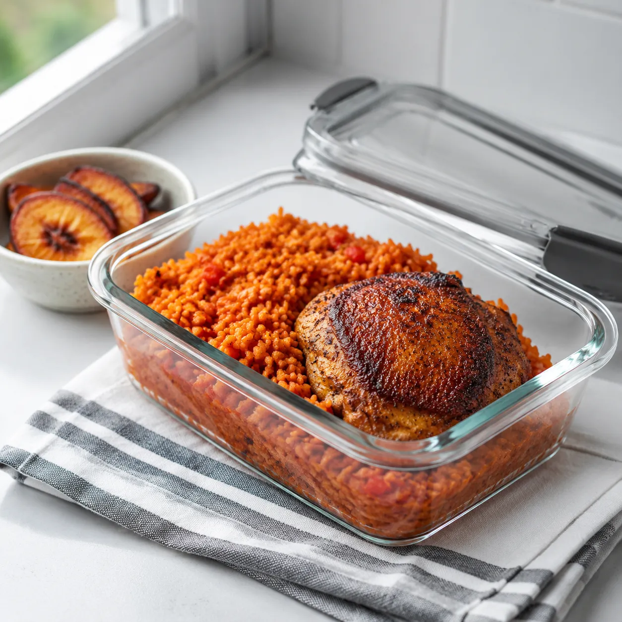 Leftover jollof rice and chicken stored in a glass meal-prep container