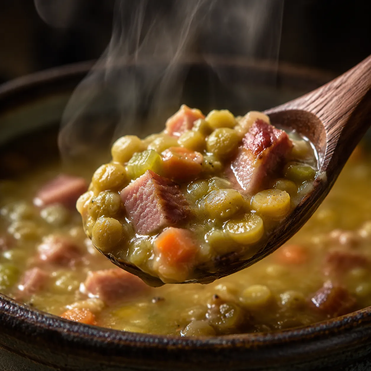 Split pea soup with leftover ham close-up on a spoon