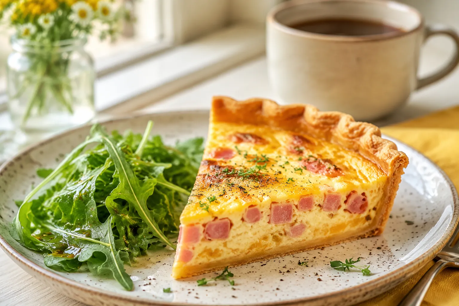 Ham and cheese quiche slice plated for brunch with leftover ham