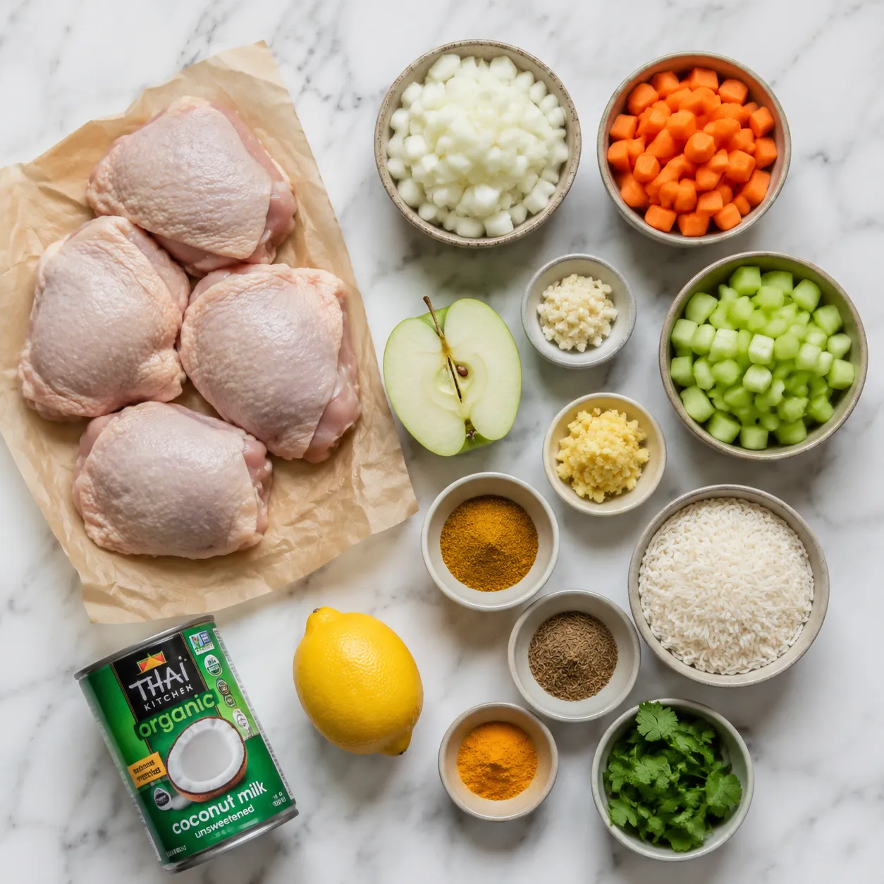 Mulligatawny soup ingredients flatlay with curry powder, coconut milk, and chicken
