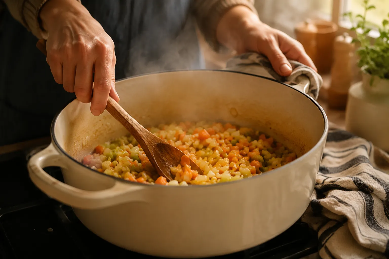 Sauteing aromatics in a Dutch oven for mulligatawny soup