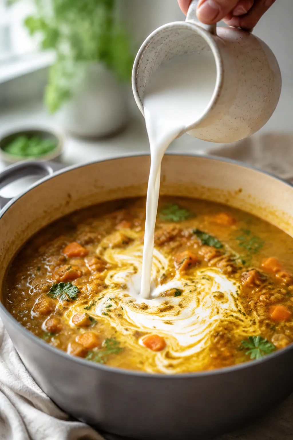 Pouring coconut milk into mulligatawny soup pot