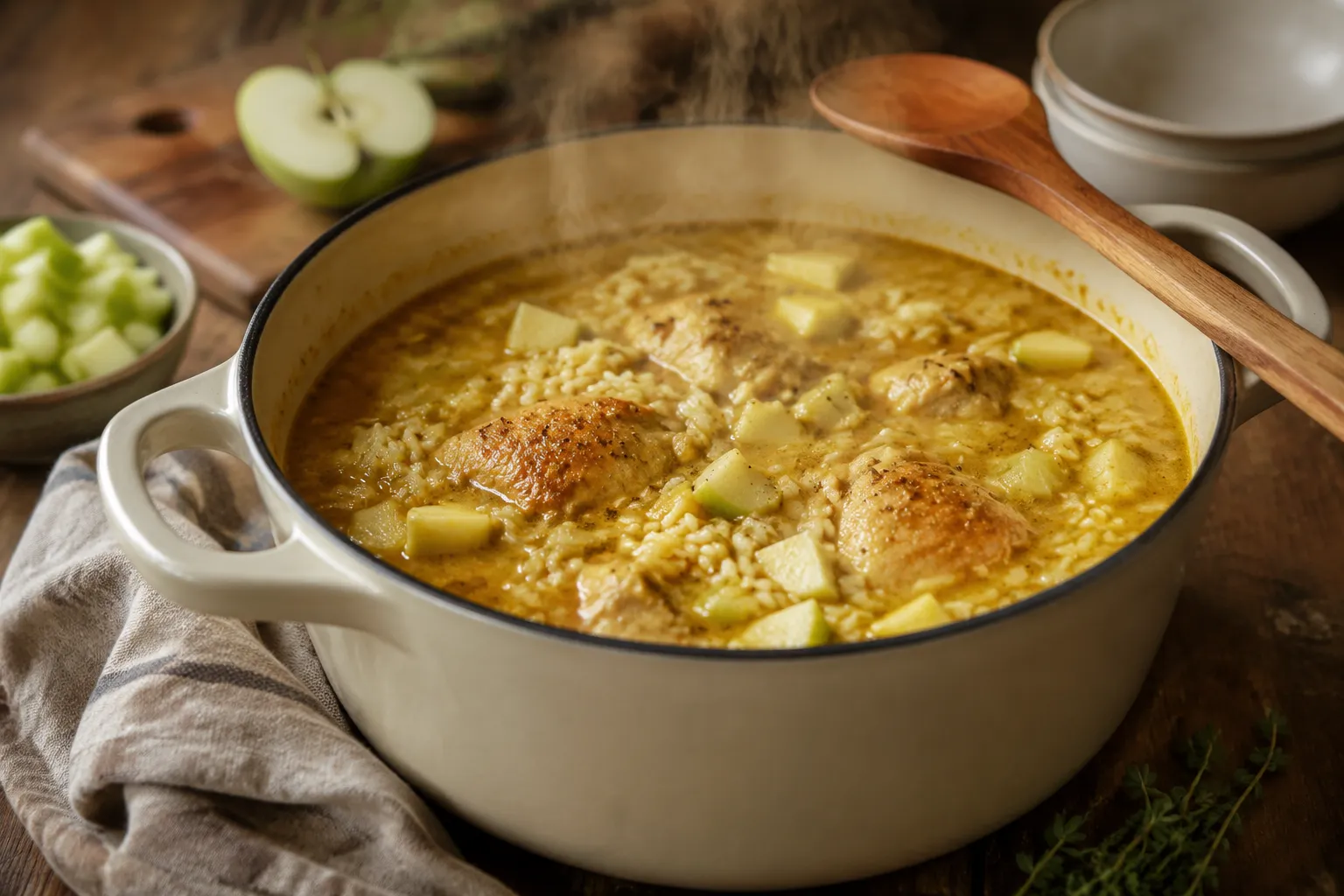 Mulligatawny soup simmering with chicken, apple, and rice