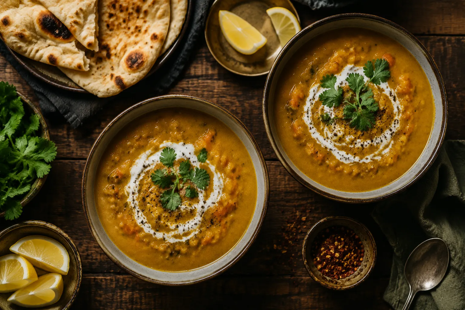 Two bowls of finished mulligatawny soup recipe with naan and lemon