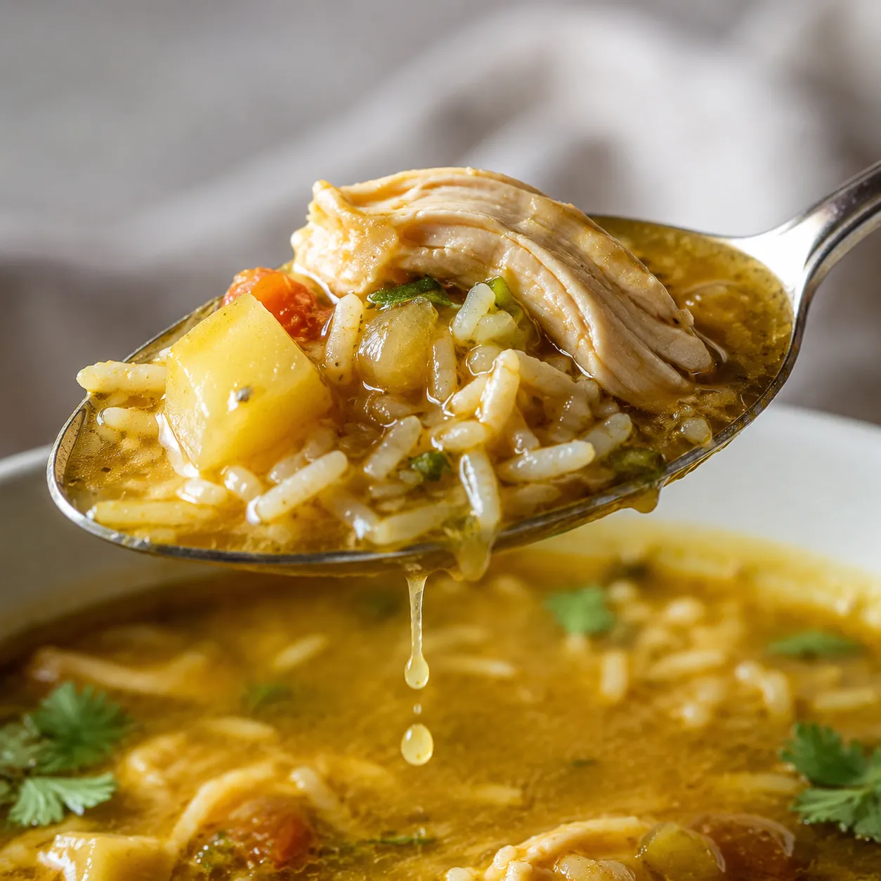 Close-up spoonful of creamy mulligatawny soup with chicken and rice