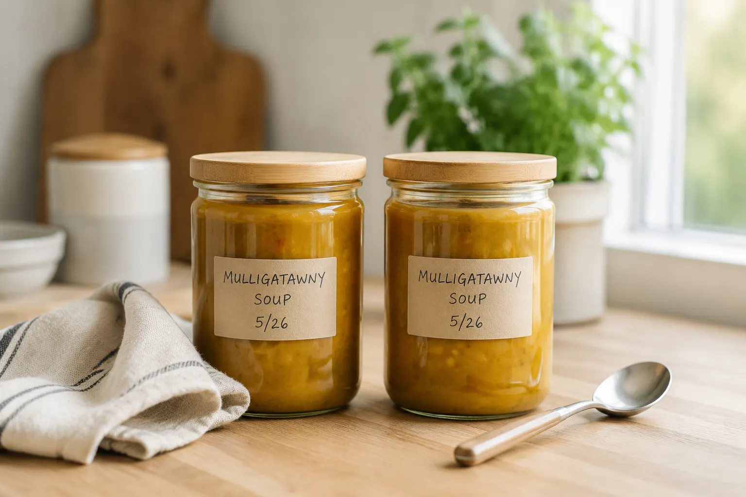 Mulligatawny soup stored in glass jars for fridge and freezer