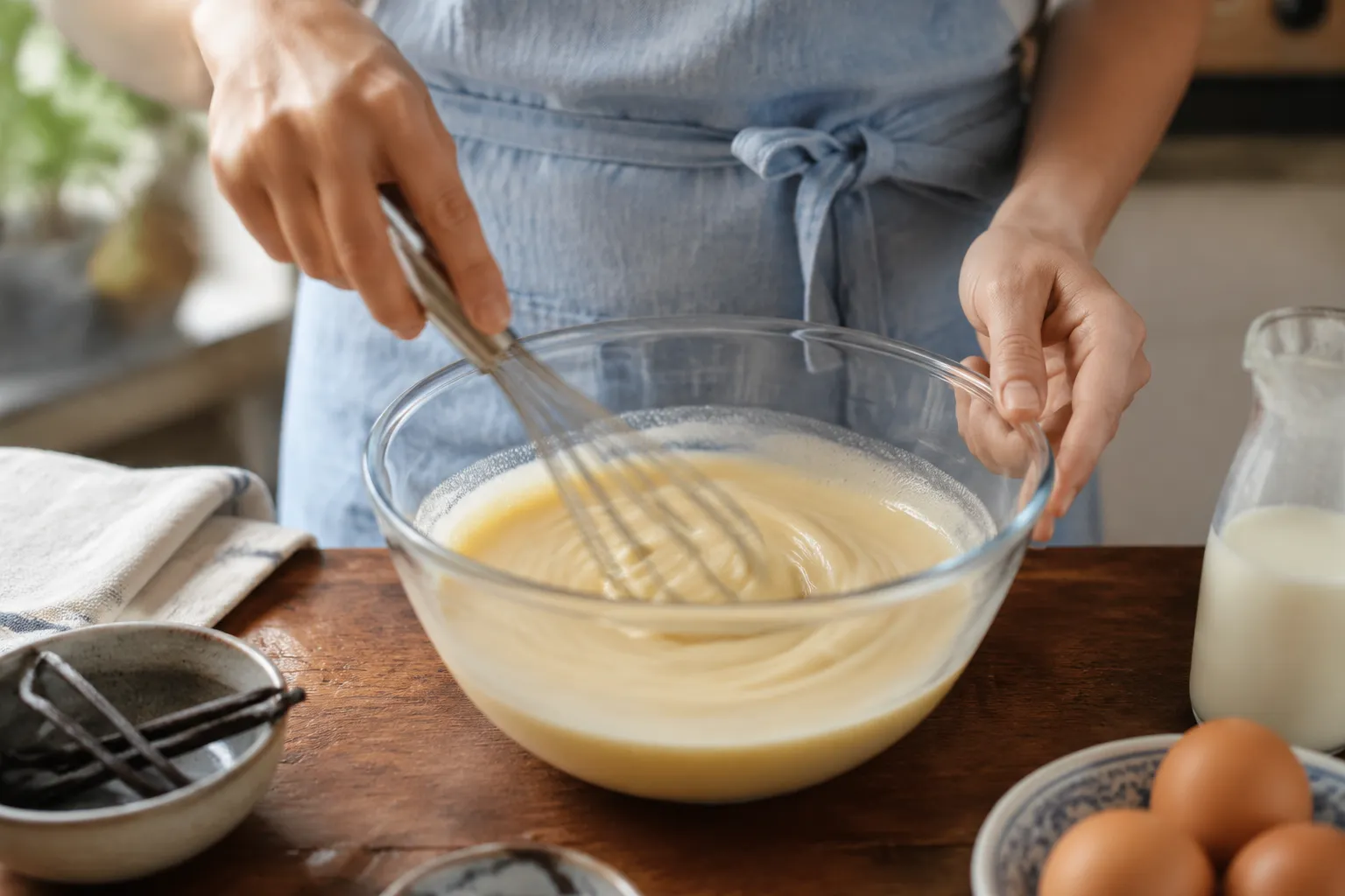 Whisking vanilla pudding base for easy Snickers salad recipe
