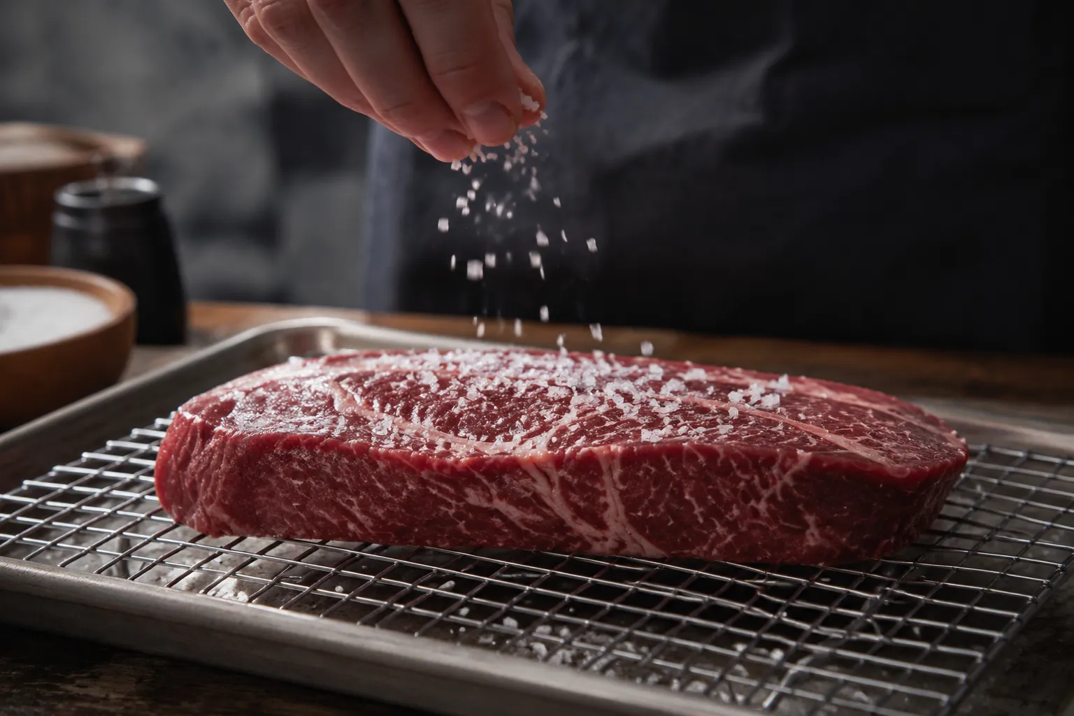 Dry brining a sirloin steak with kosher salt before searing