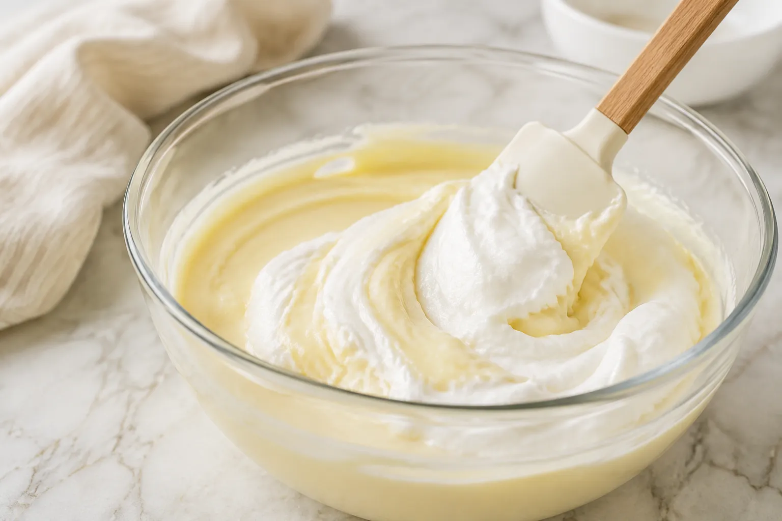 Folding Cool Whip into pudding base for snicker salad