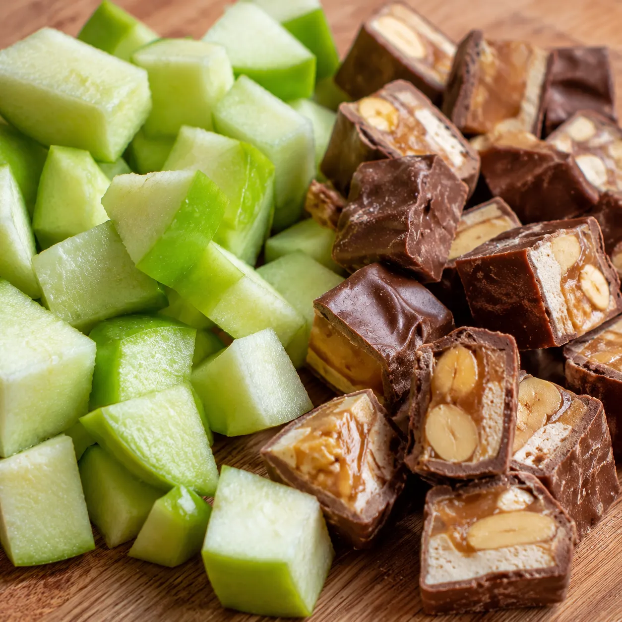 Chopped Granny Smith apples and Snickers bars for Snickers salad