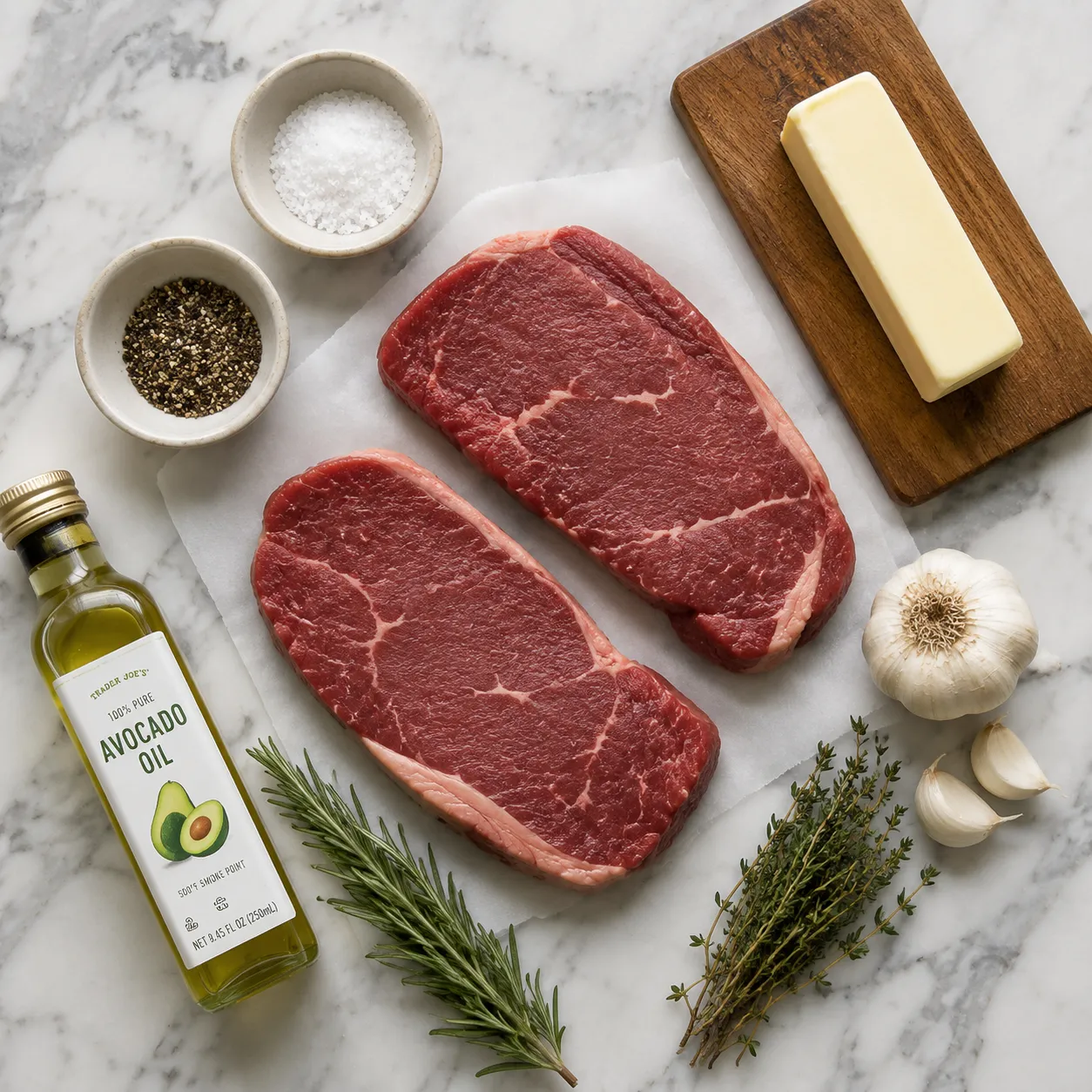 Ingredients for sirloin steak recipe with butter, garlic, and fresh herbs