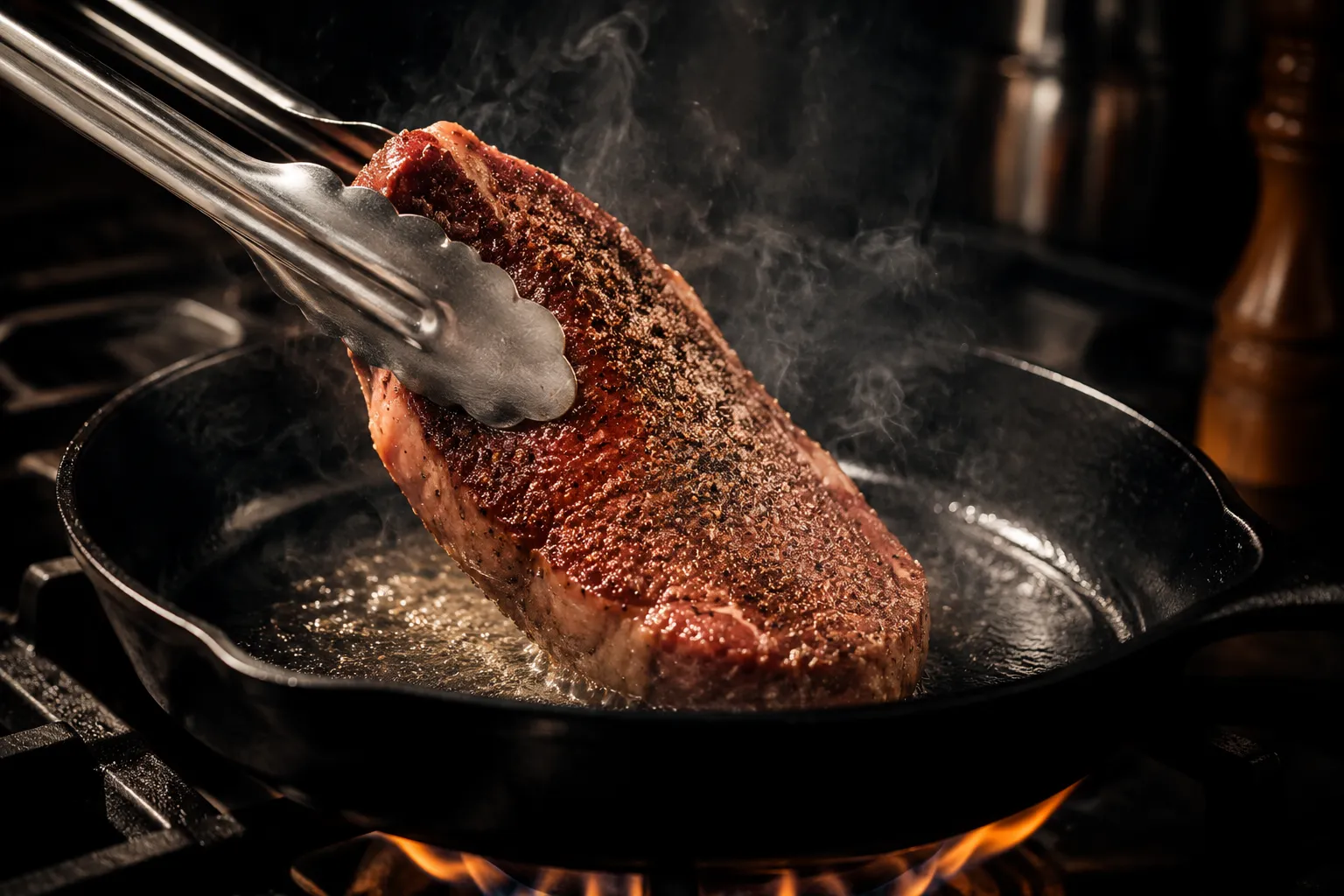 Searing sirloin steak in a hot cast iron skillet