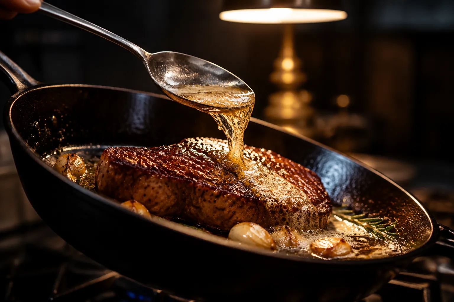 Basting sirloin steak with garlic herb butter in cast iron